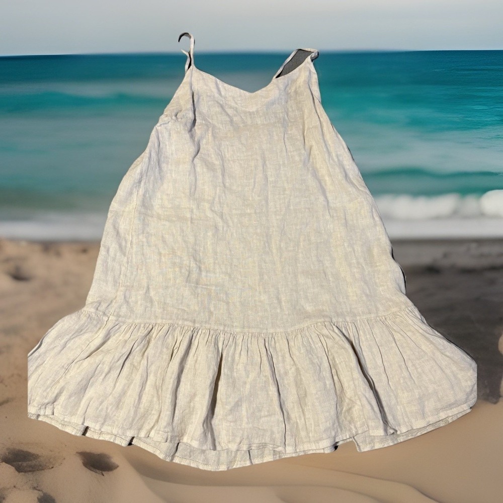 Bellambra Ruffled Dress Women M Ecru 100% Linen Made In Italy Spaghetti Strap